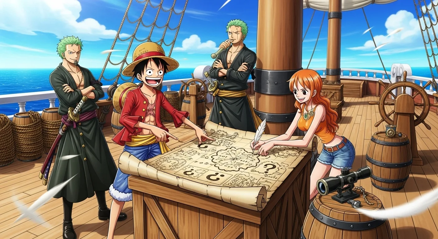 One Piece crew studying treasure map with navigation riddles