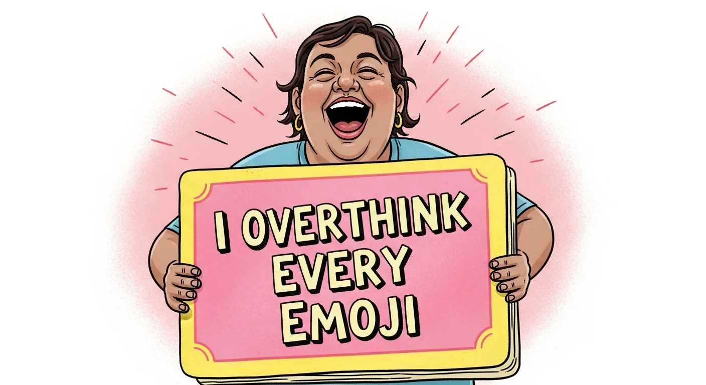 Person laughing while holding sign about overthinking every emoji