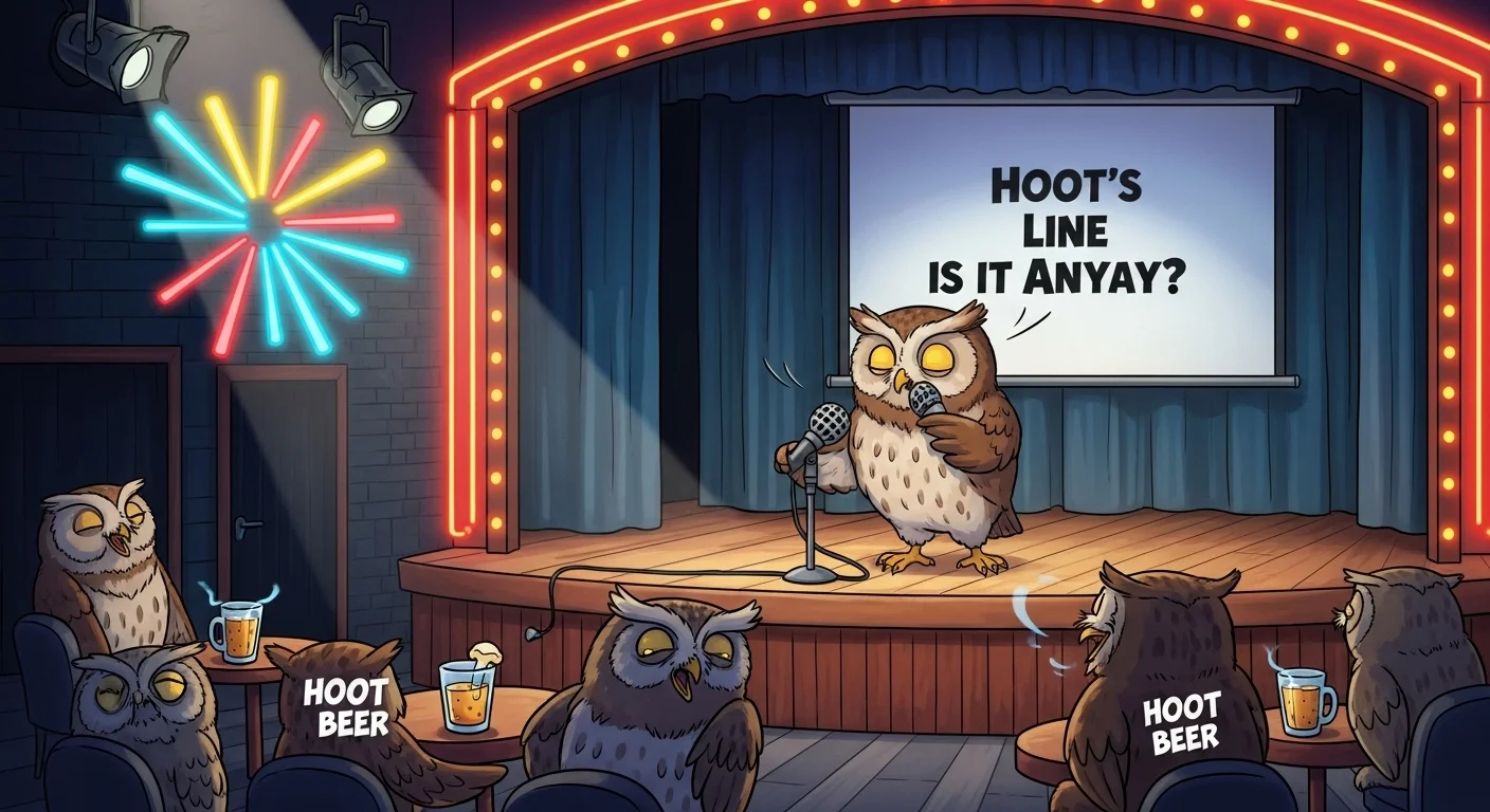 125+ Owl Riddles with Answers: Fun Brain Teasers for Kids, Adults, and Puzzle Lovers 2 Owl comedian performing riddles on stage at comedy club with audience