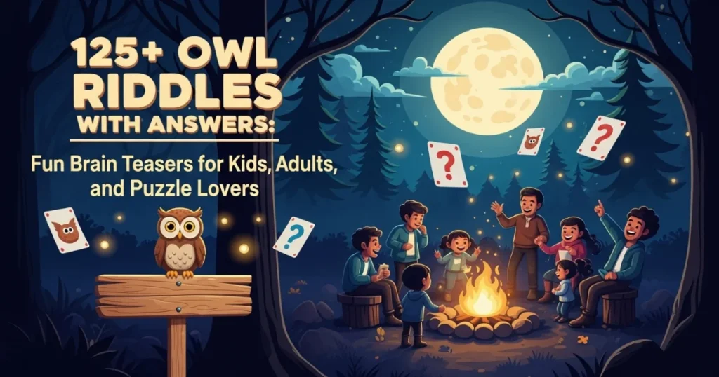 Family enjoying owl riddles around campfire with puzzle cards floating