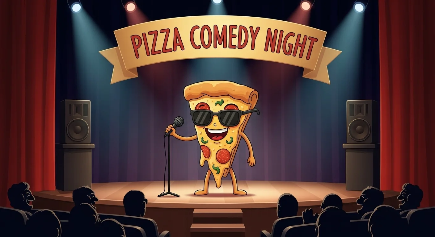 125+ Pizza Riddles and Jokes to Make Your Next Pizza Night Unforgettable 4 Cartoon pizza character performing comedy on stage with microphone