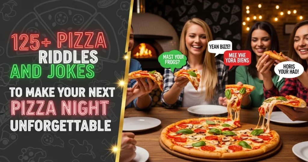 Pizza night entertainment with friends sharing riddles and jokes