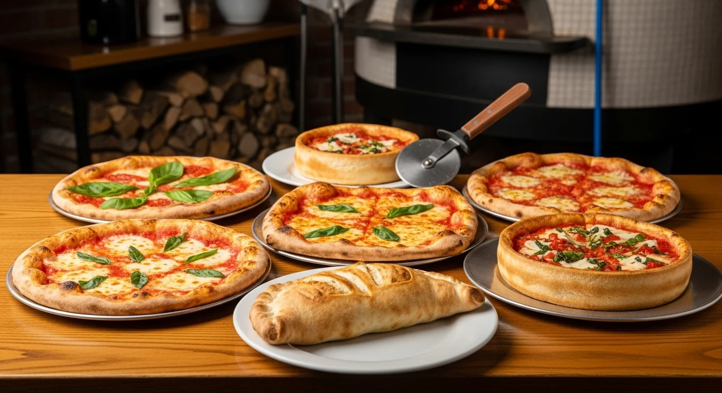 125+ Pizza Riddles and Jokes to Make Your Next Pizza Night Unforgettable 3 Multiple pizza varieties displayed on wooden table with pizza cutter