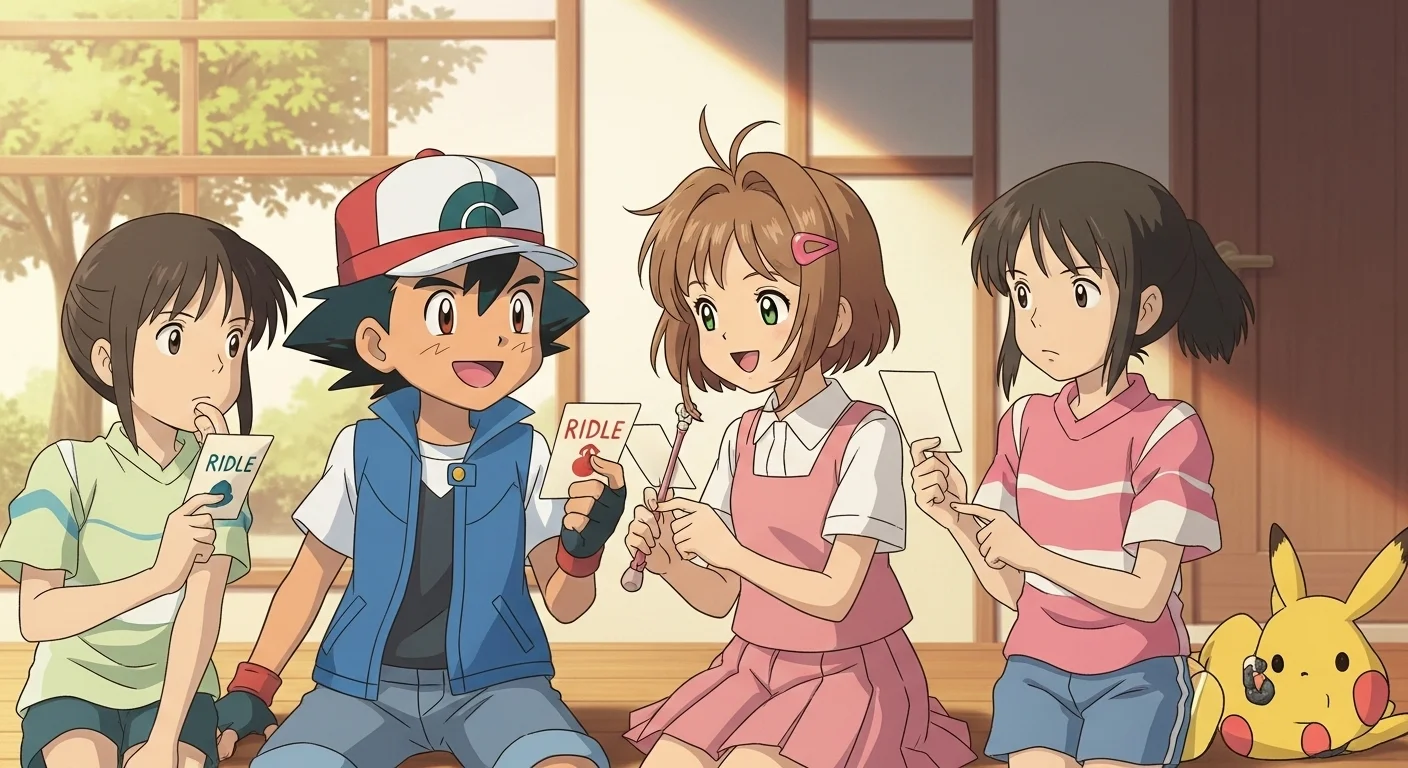 Pokemon trainer and Cardcaptor Sakura characters with riddle cards