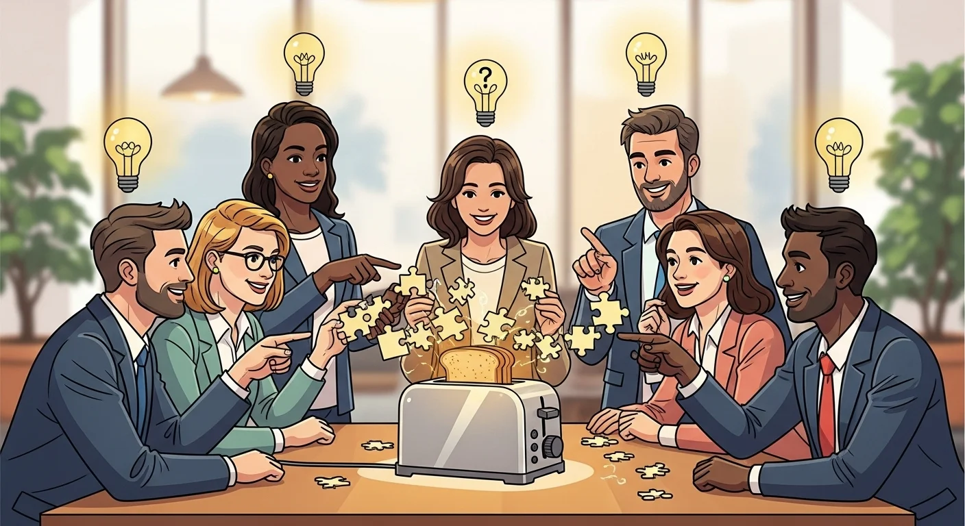 125+ Toaster Riddles with Answers: Funny Brain Teasers for Breakfast Fun 5 Business professionals solving toaster-themed puzzles in office setting