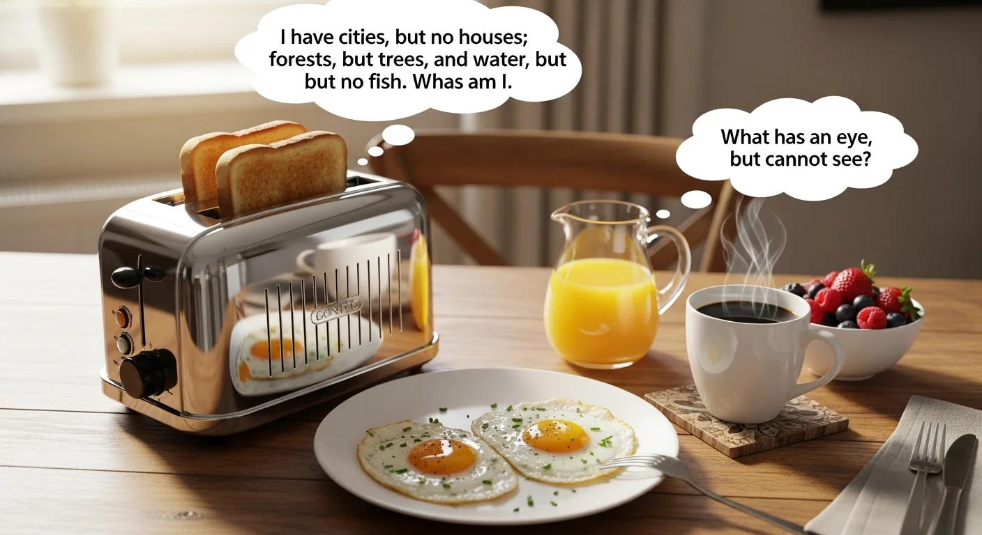125+ Toaster Riddles with Answers: Funny Brain Teasers for Breakfast Fun 2 Modern breakfast table with toaster displaying riddle speech bubbles