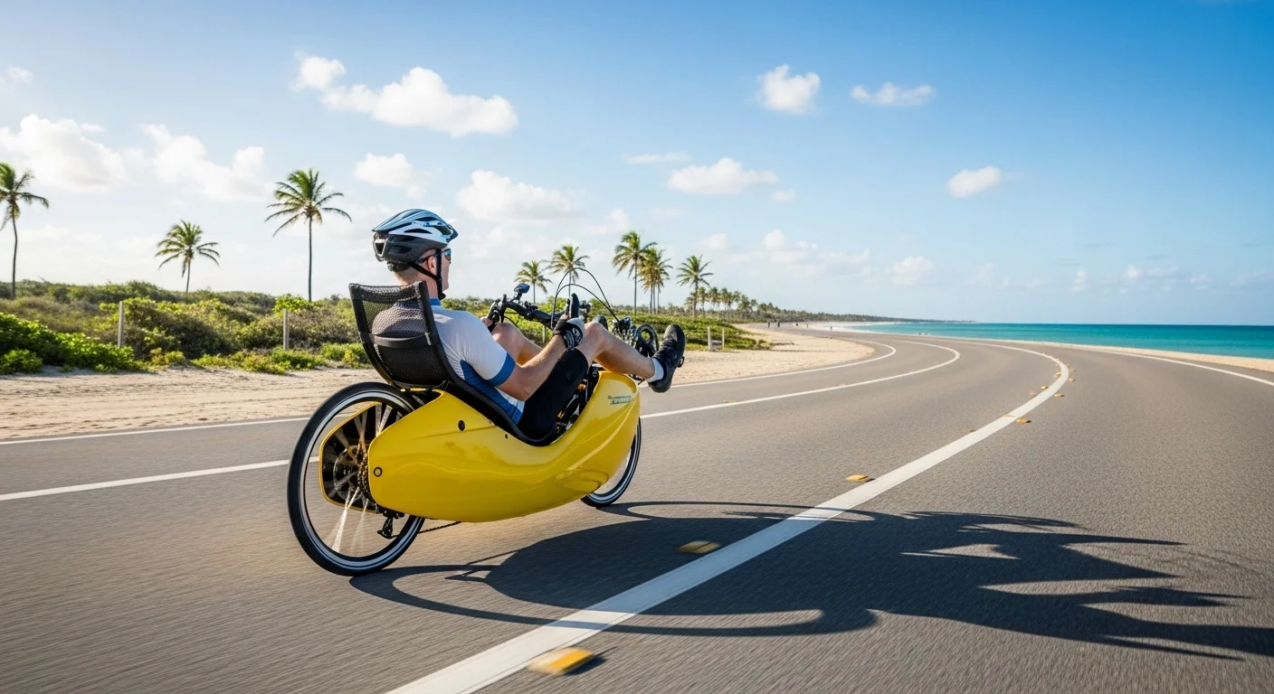 125+ Bicycle Riddles with Answers: A Fun Ride for All Ages 8 Cyclist riding recumbent bike on scenic coastal highway