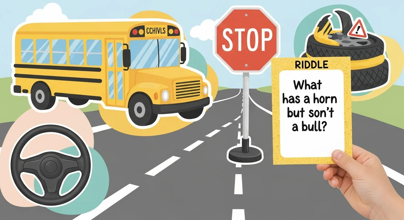 School bus riddle about horns with traffic safety educational content
