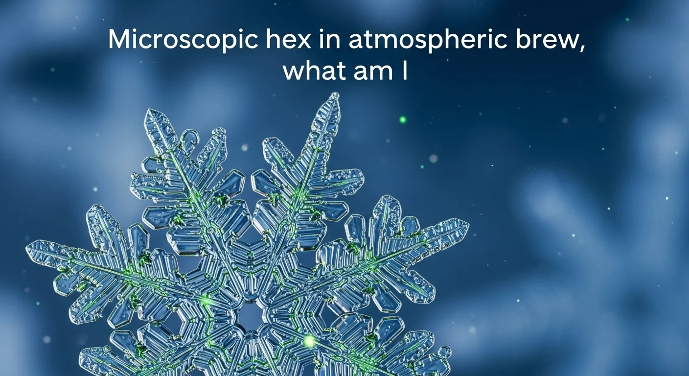 Detailed snowflake crystal with scientific winter riddle about formation