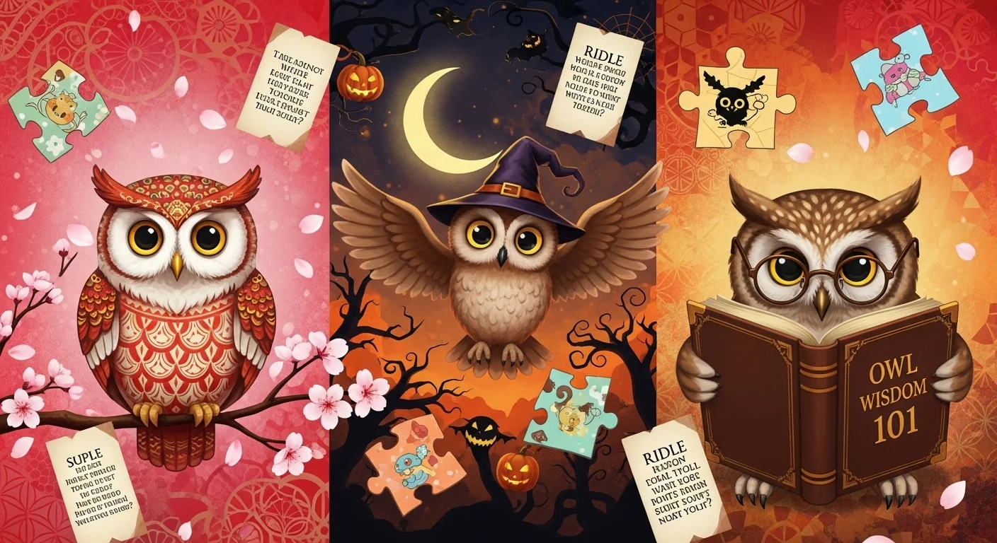 125+ Owl Riddles with Answers: Fun Brain Teasers for Kids, Adults, and Puzzle Lovers 4 Three decorative owls representing different seasons with riddle puzzle pieces