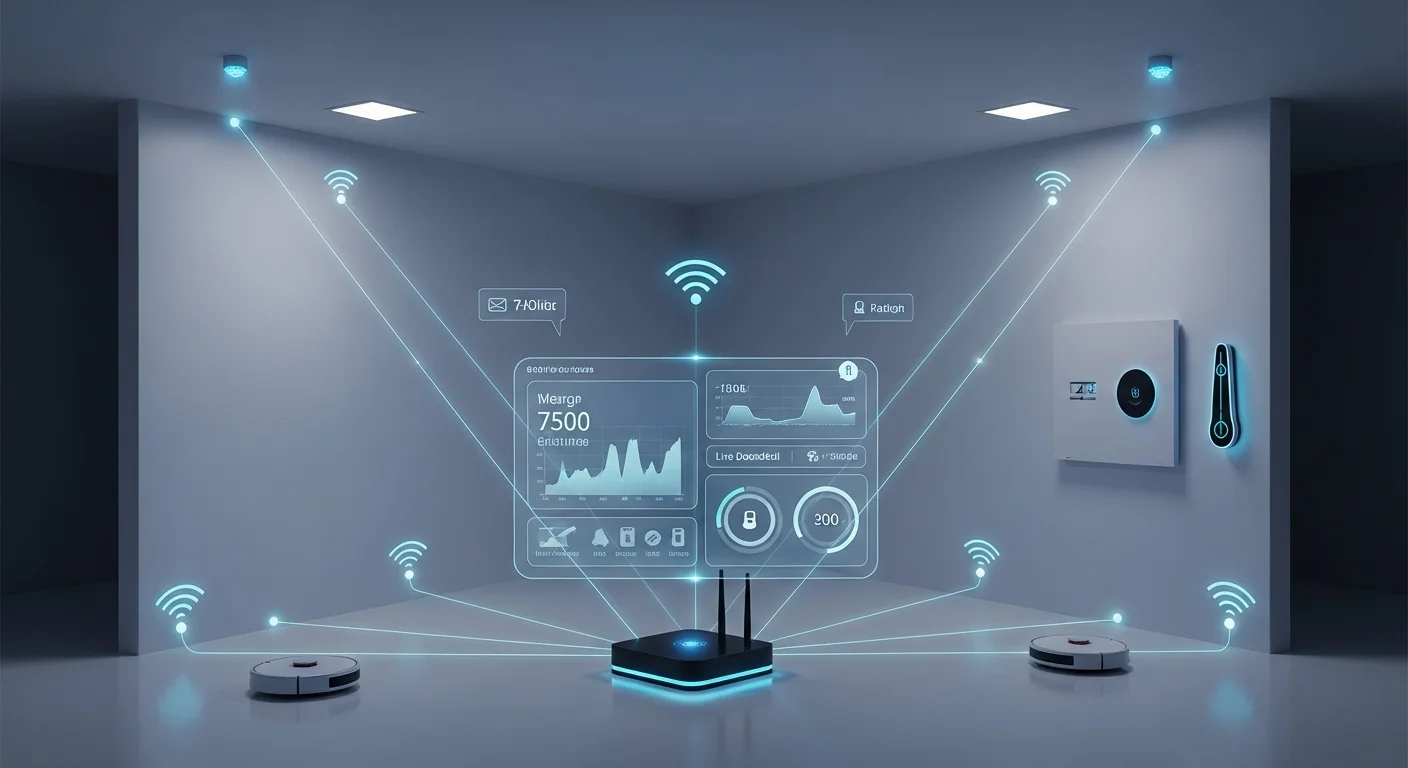 Smart home IoT network with wireless connectivity dashboard and devices