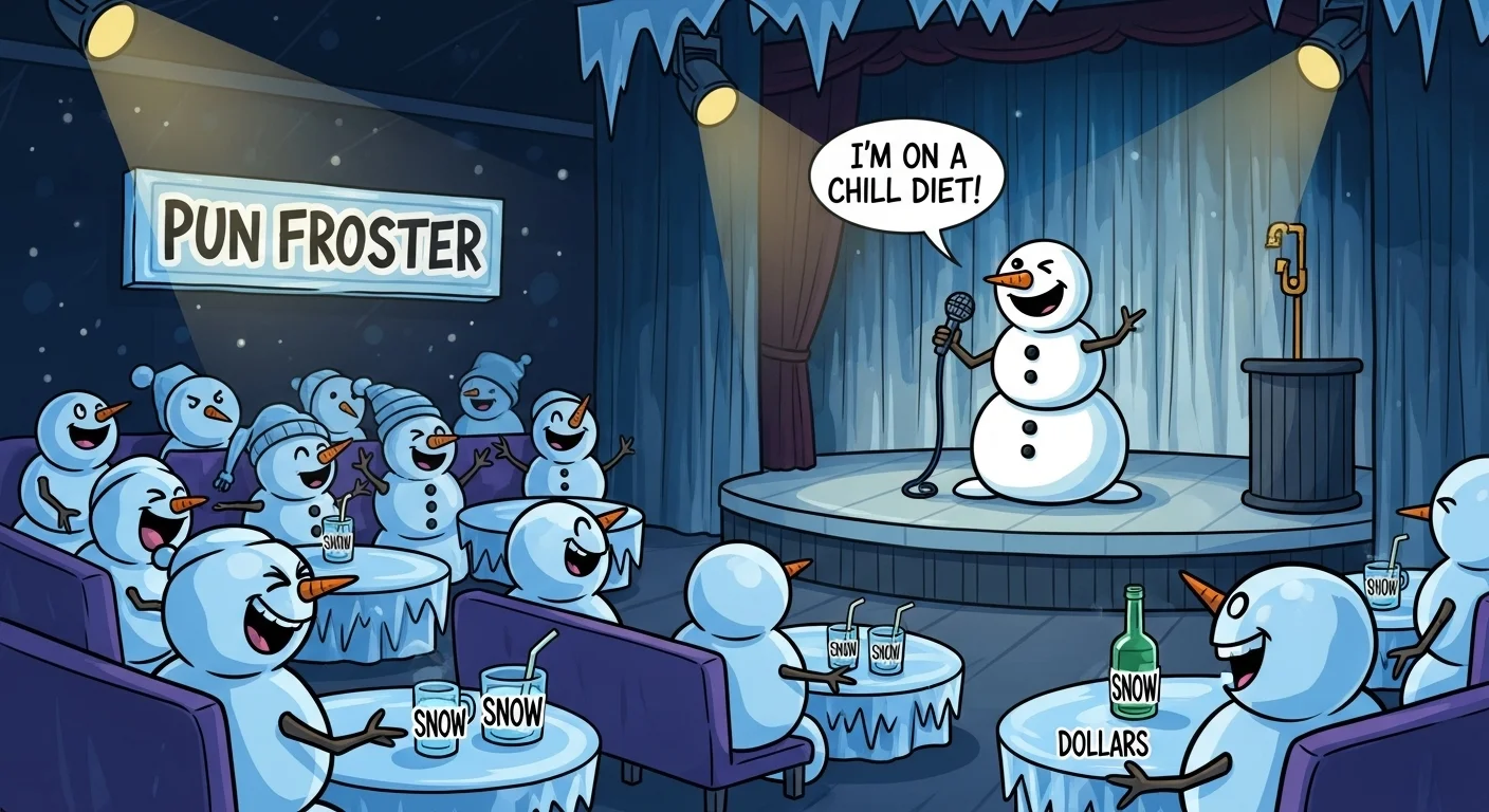 Snowman comedian performing at winter comedy club with audience
