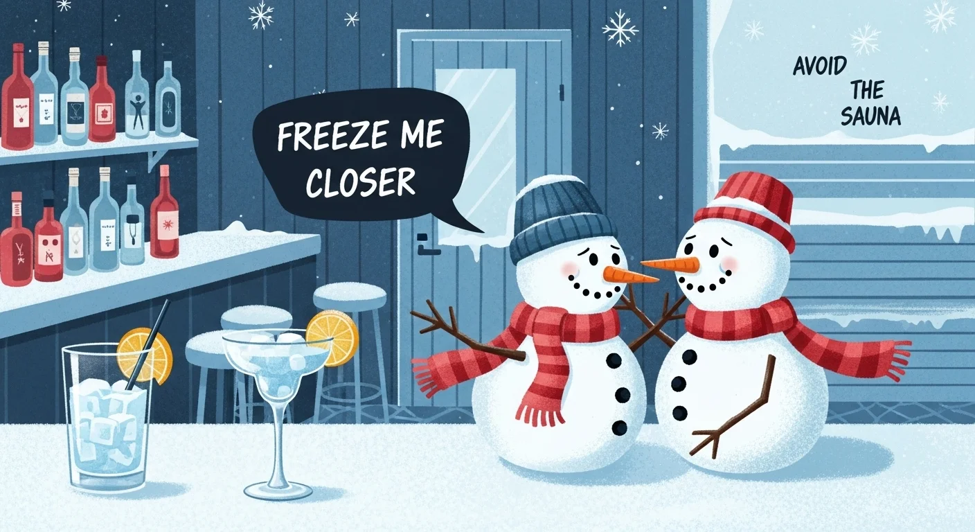 Two snowmen at winter-themed bar sharing drinks and riddles