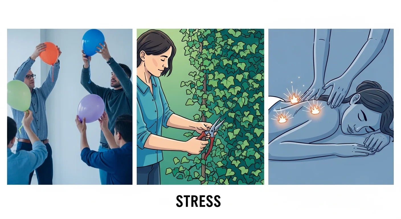 Three panels showing stress relief through group activities gardening massage