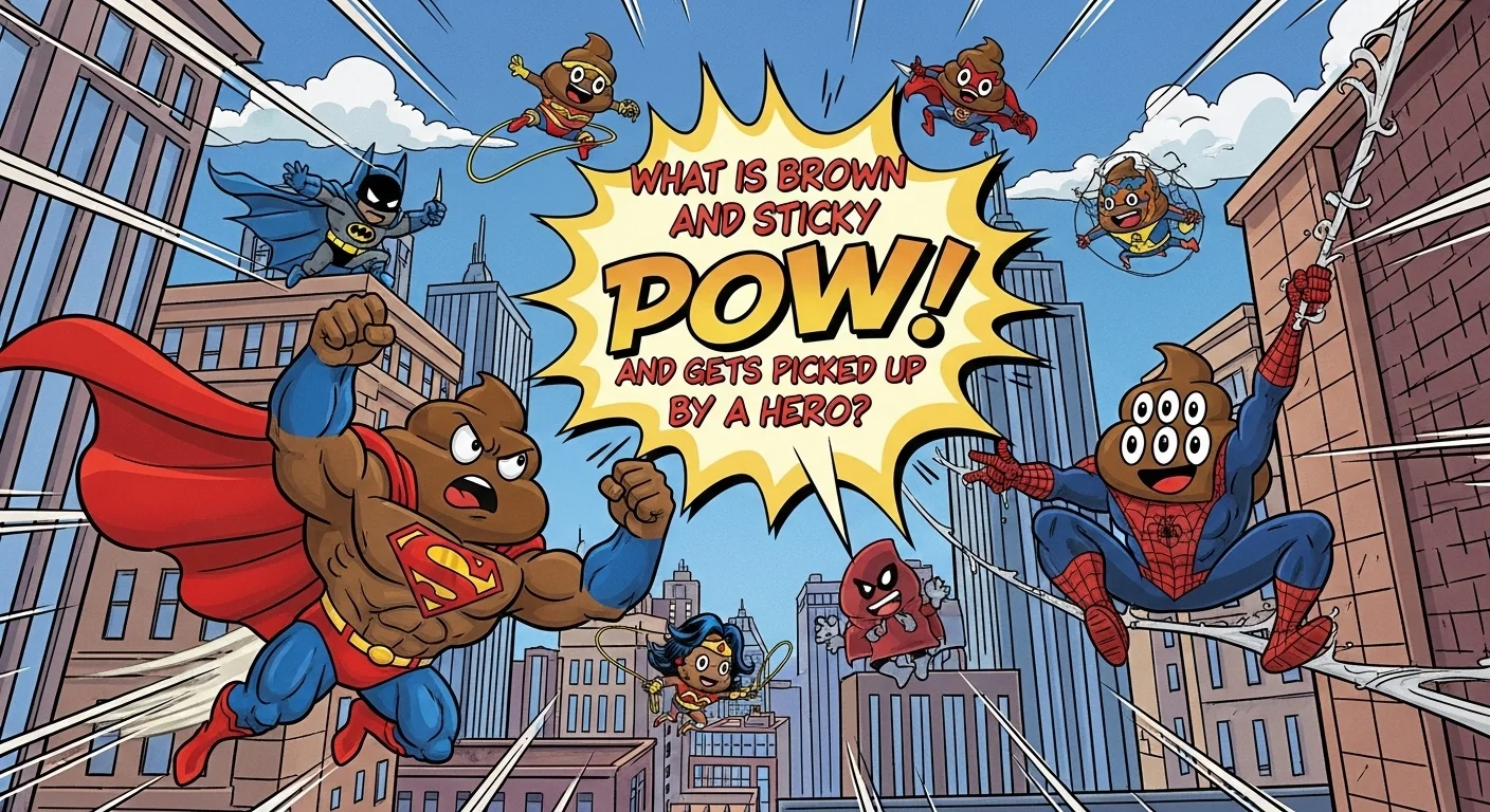 Comic book superheroes featuring in poop-themed riddle adventure