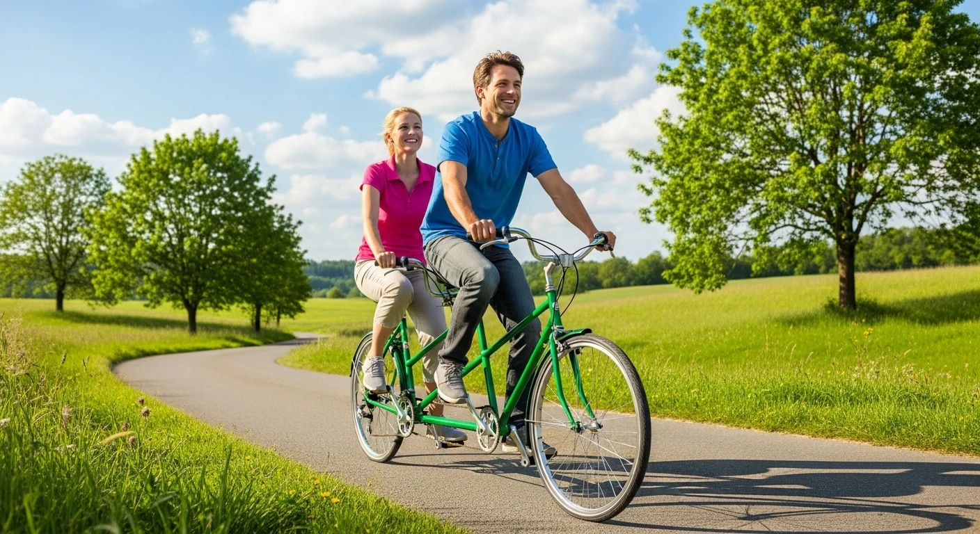125+ Bicycle Riddles with Answers: A Fun Ride for All Ages 13 Happy couple riding green tandem bicycle on scenic country path