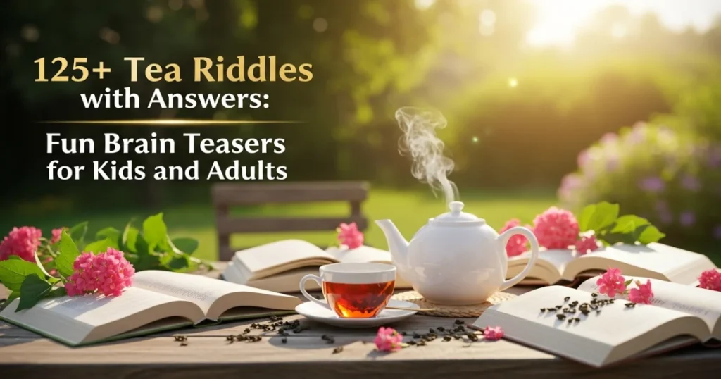 Tea riddles collection with steaming teapot and open books outdoors