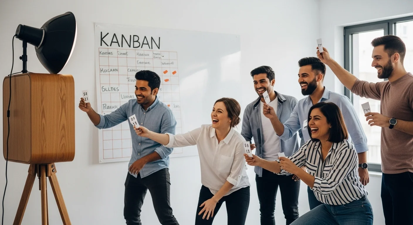 Team building activity in office with employees participating in group exercise