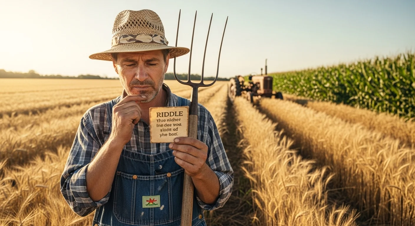 Contemplative farmer in overalls reading riddle card in golden wheat field