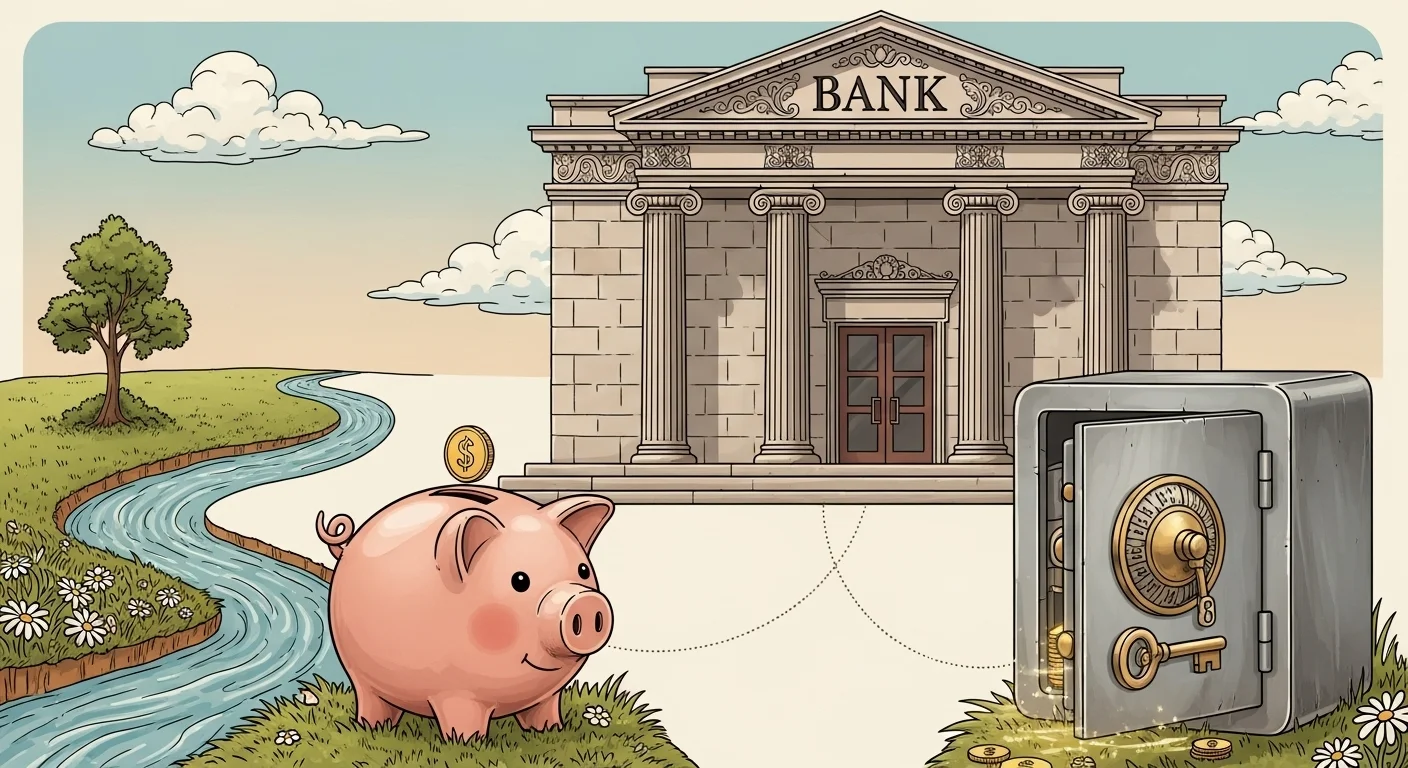 Classical bank building with piggy bank symbolizing savings