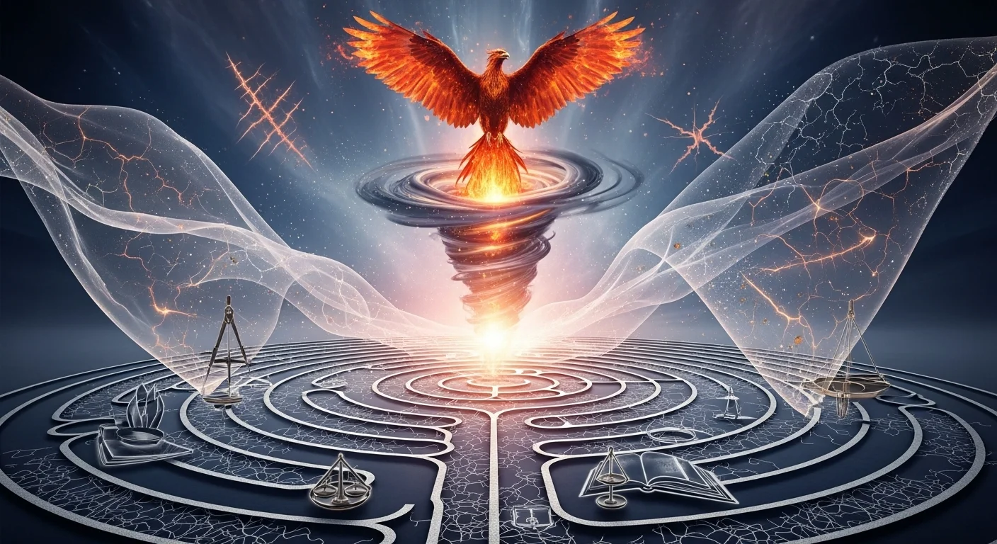 Phoenix rising from labyrinth representing transformative mental health journey