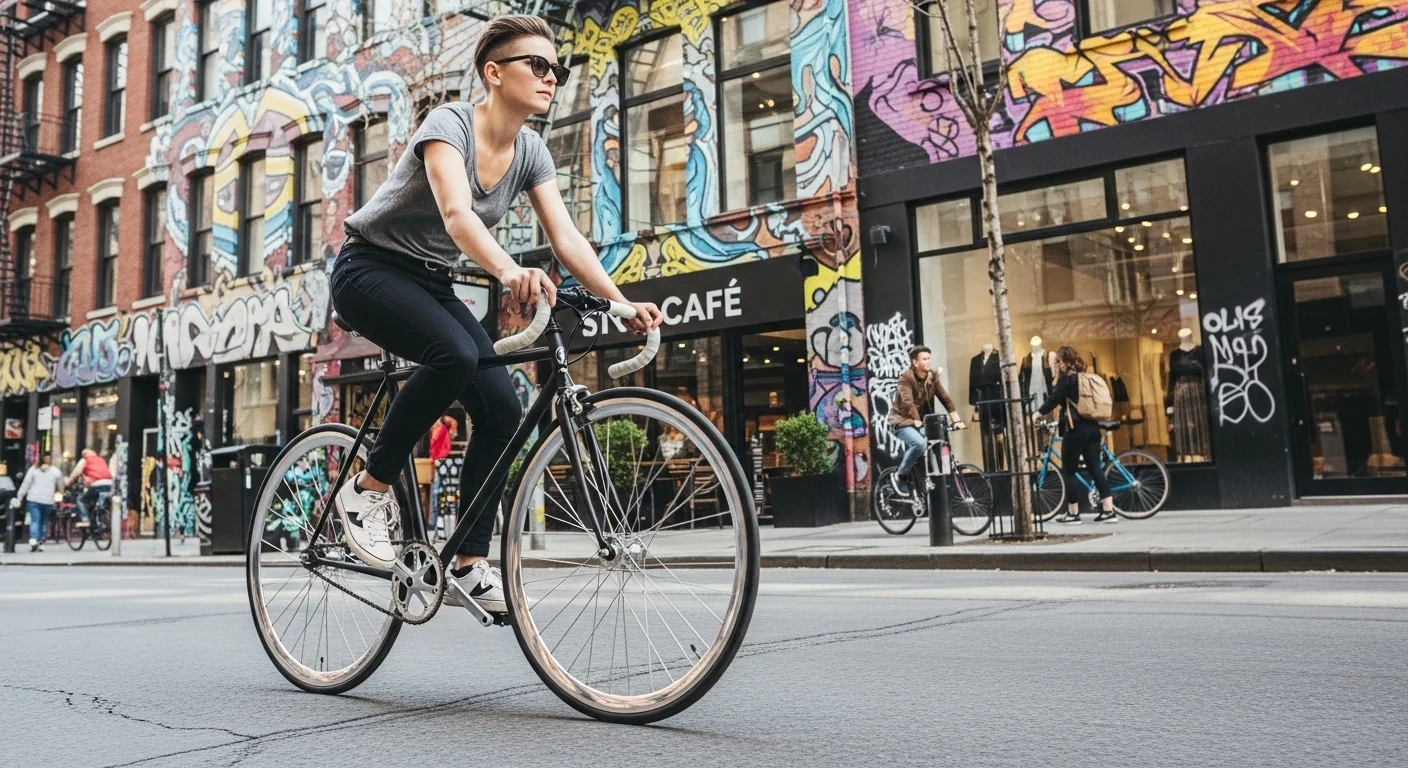 125+ Bicycle Riddles with Answers: A Fun Ride for All Ages 11 Woman cycling through vibrant city street with colorful murals