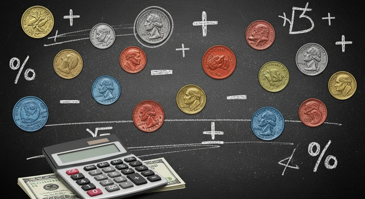 US coins with calculator showing financial mathematics education