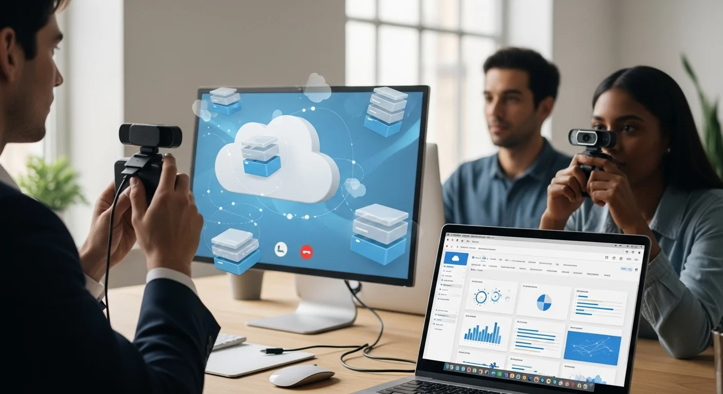 Video conferencing setup showing remote work and digital team collaboration