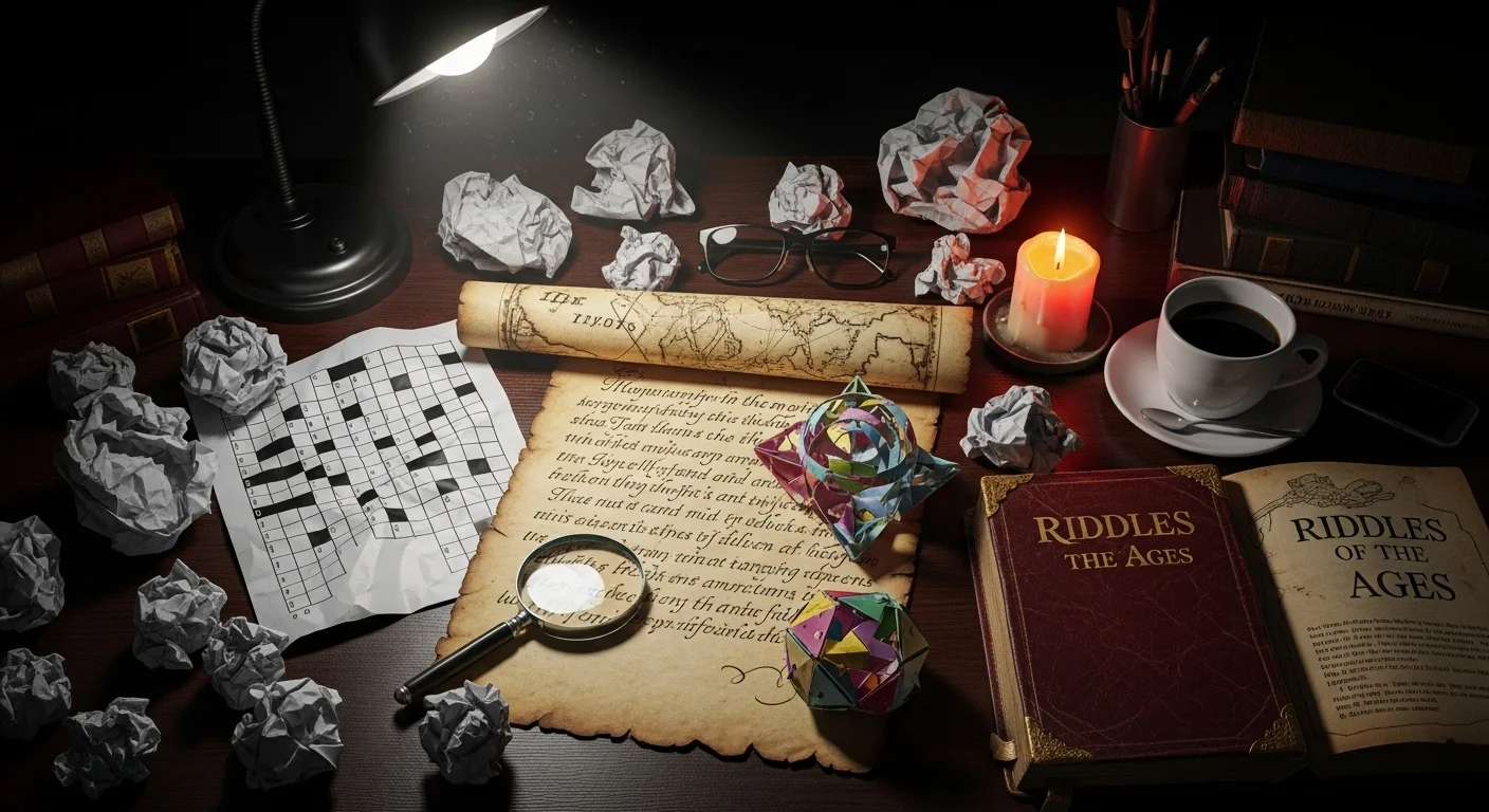Antique riddle books and crossword puzzles on scholar's candlelit desk