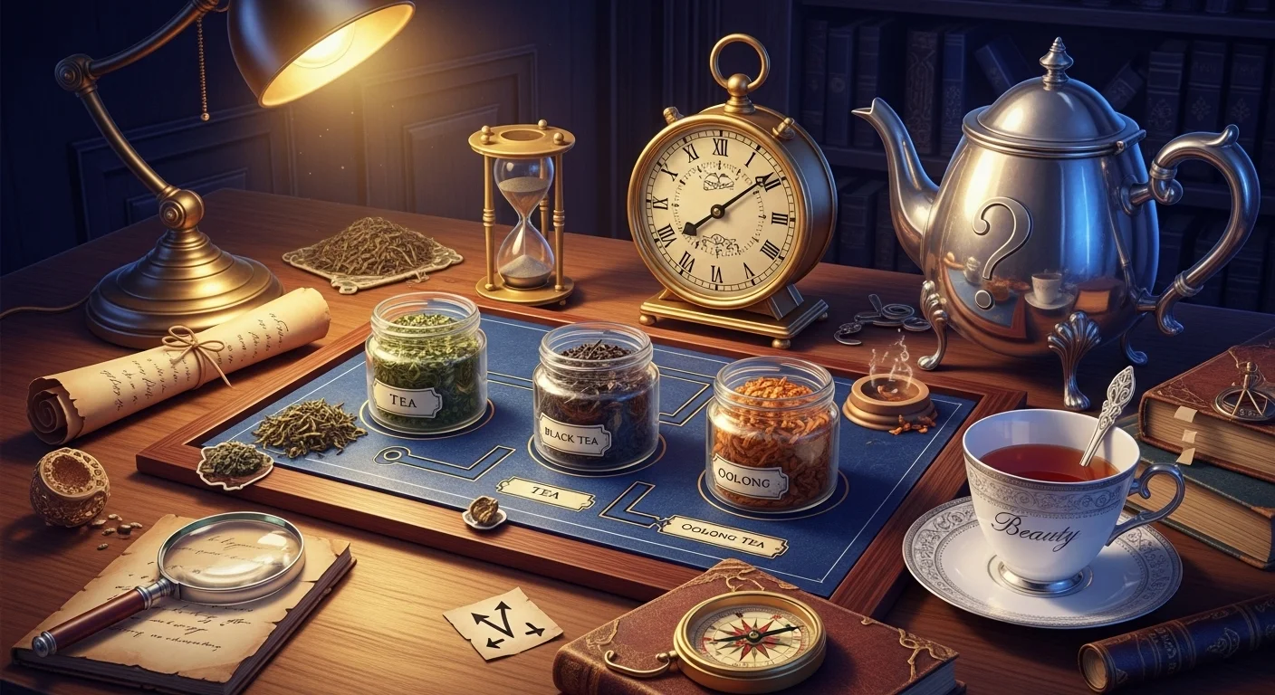 Victorian detective study with tea mystery riddles and antique items