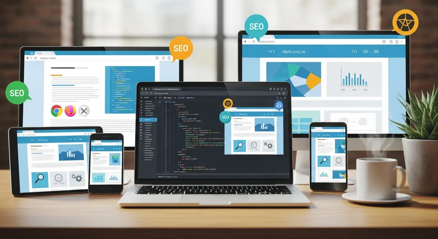 Multi-device web development setup with SEO optimization tools