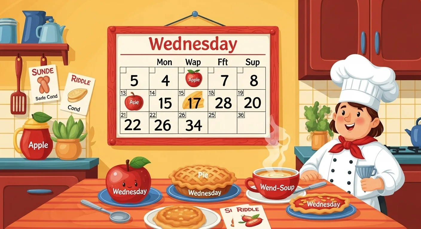 Wednesday food riddles in kitchen setting with cooking calendar