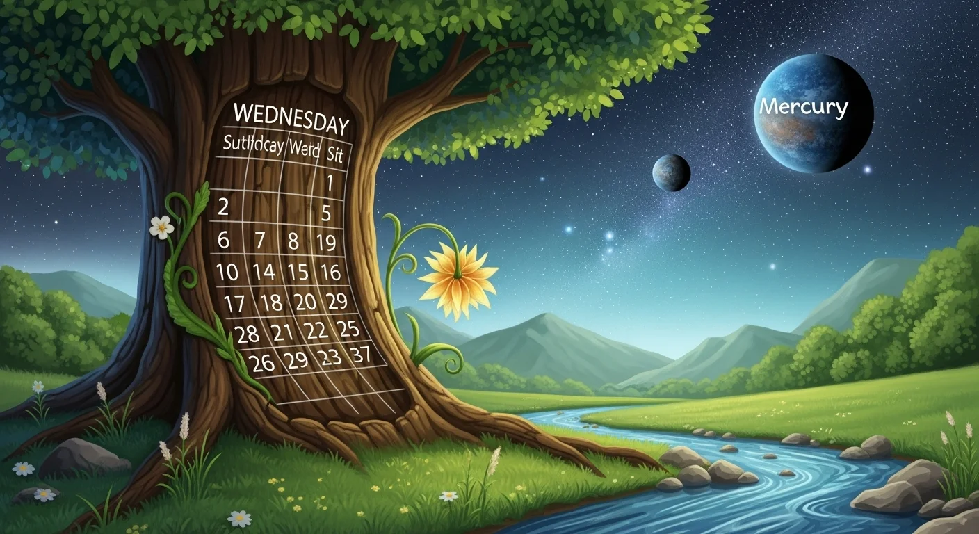 Wednesday nature riddles featuring Mercury planet and tree calendar