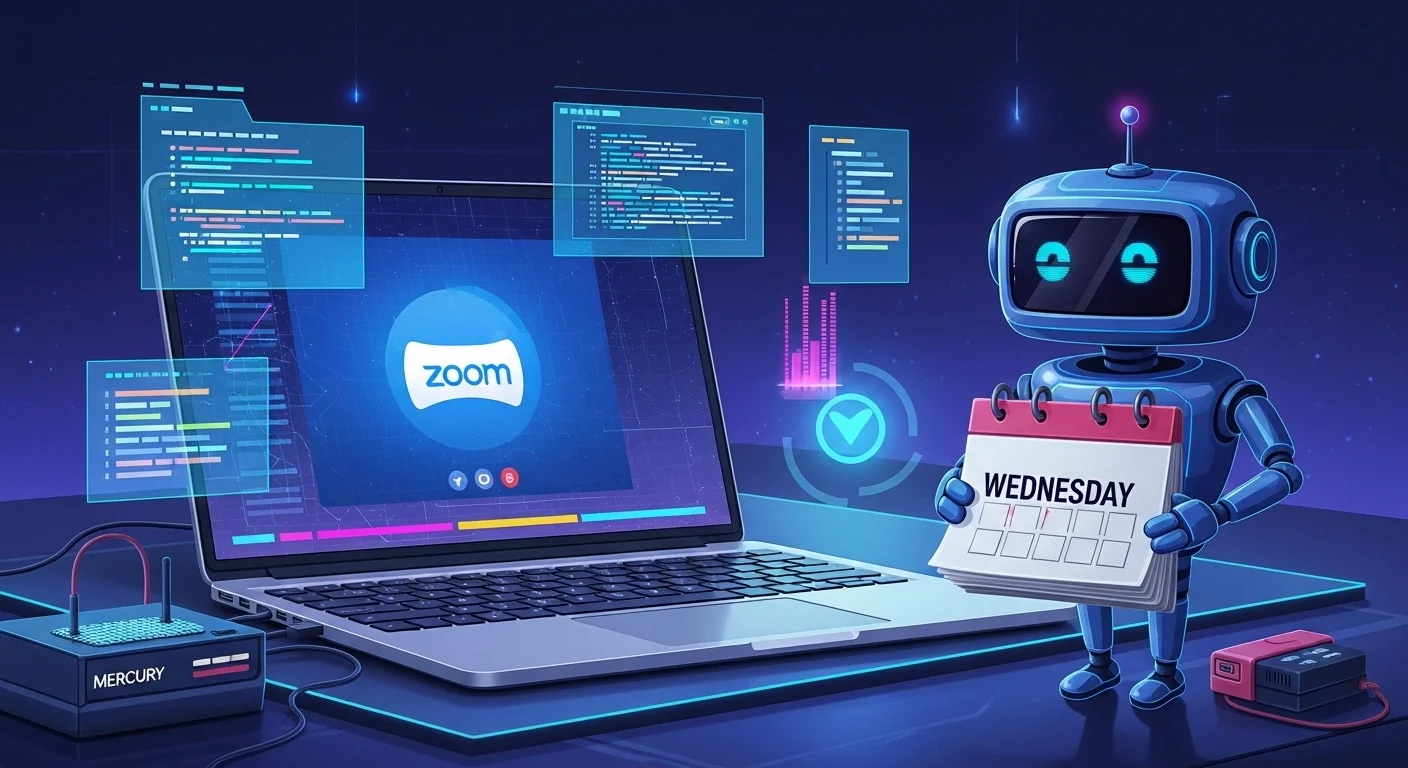 Wednesday tech riddles with Zoom meeting and robot calendar theme