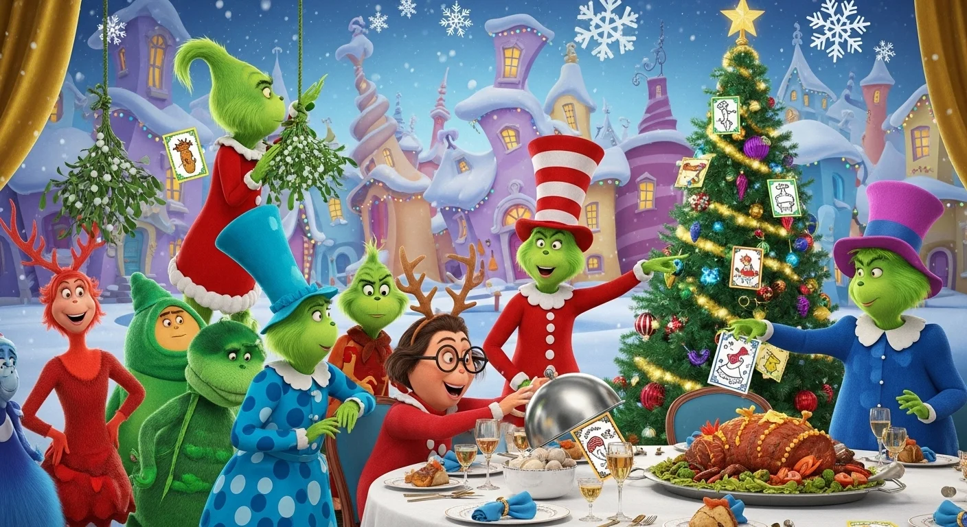 125+ Grinch Riddles with Answers: Festive Brain Teasers for Holiday Fun 4 Whoville Christmas celebration with Grinch and Cat in the Hat characters