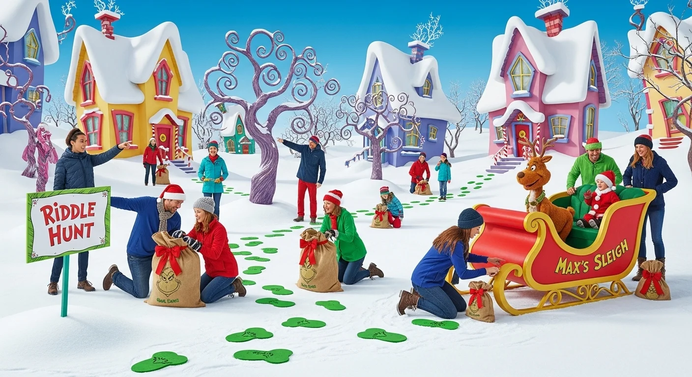 125+ Grinch Riddles with Answers: Festive Brain Teasers for Holiday Fun 6 Families participating in outdoor Grinch riddle hunt in Whoville winter scene