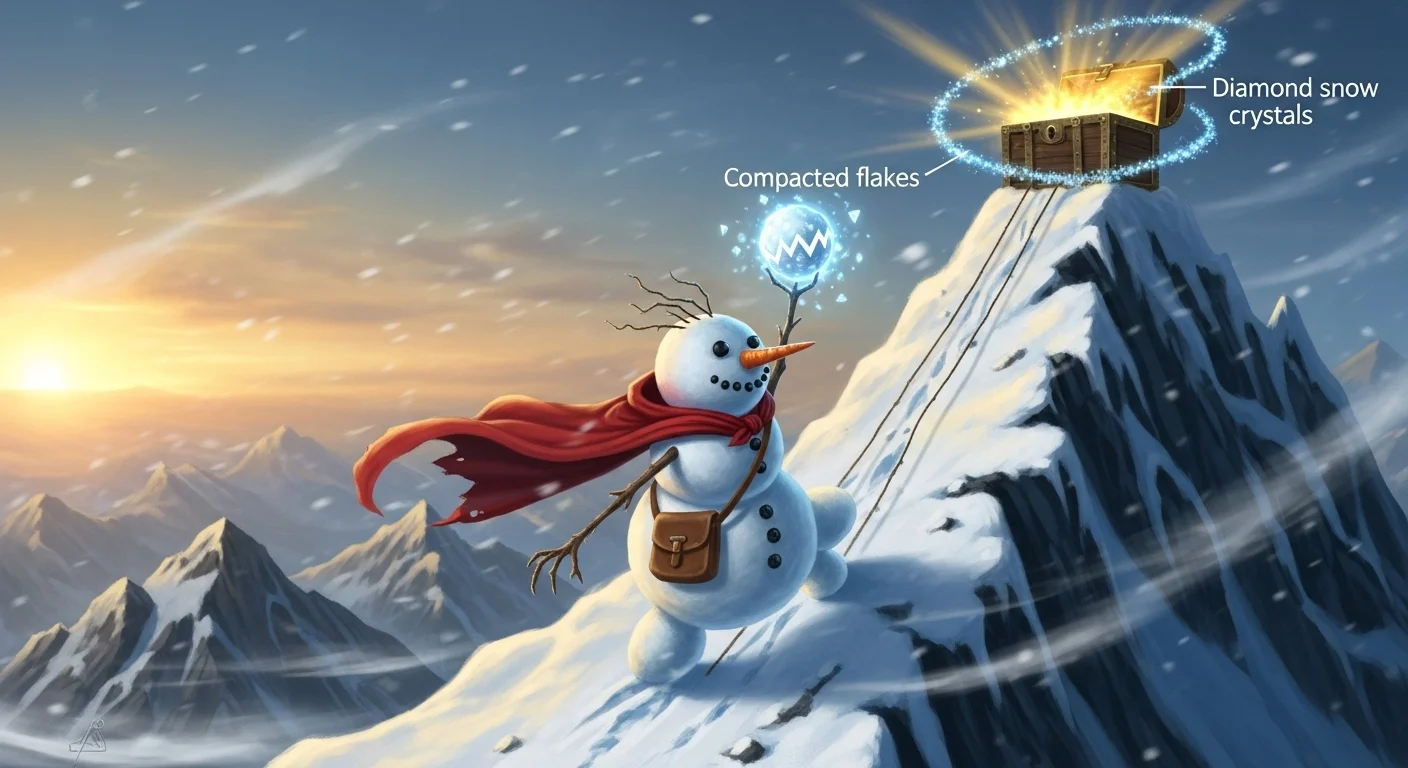 Winter snowman adventure with magical treasure chest on snowy mountain peak