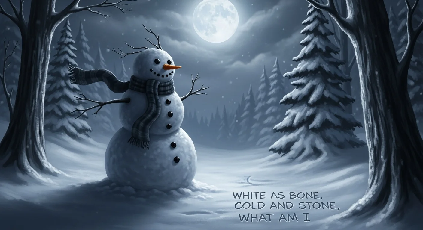 Solitary snowman in moonlit winter forest with mystery riddle