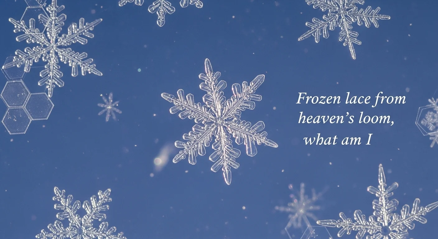 Beautiful crystalline snowflakes with poetic winter riddle text