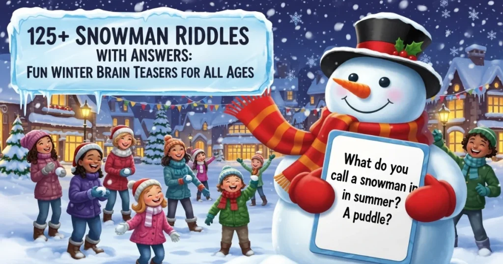 Snowman with riddle sign in festive winter village with children