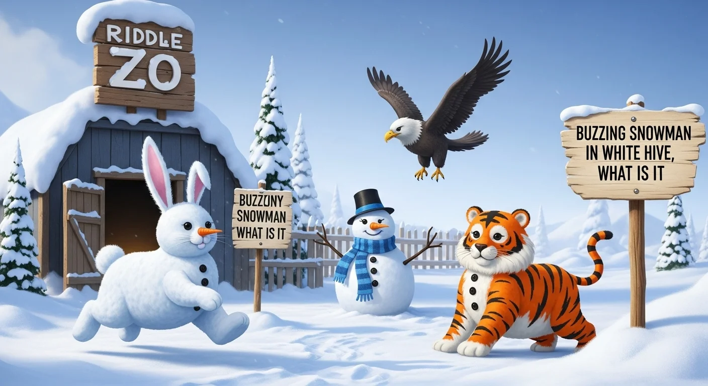 Winter zoo scene with riddle signs, snowman animals, and educational puzzles