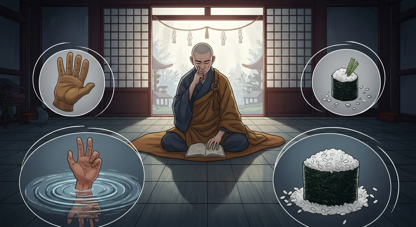 150+ Japan Riddles with Answers: Unlock the Wisdom of Japanese Wordplay 6 Zen monk meditating with hand gestures and riddle symbols