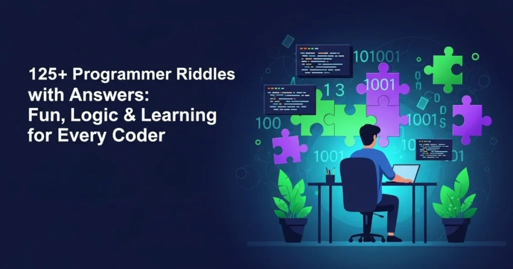 Programmer solving coding riddles with binary numbers and puzzle pieces