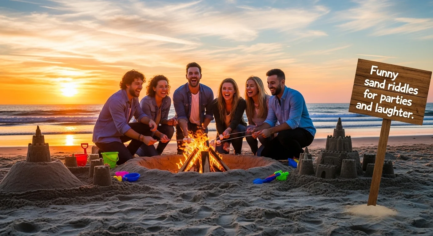 Adults enjoying funny sand riddles around beach bonfire party