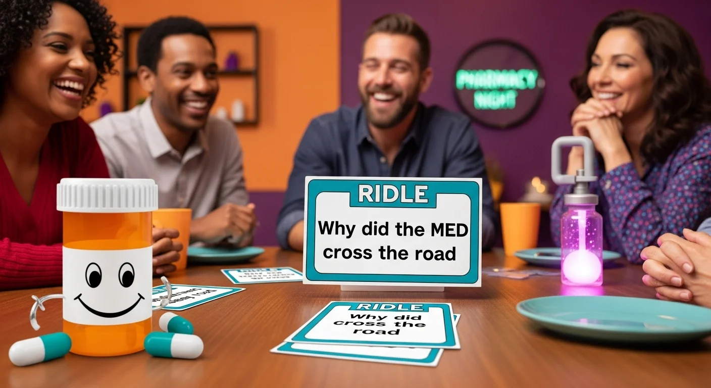 Adults enjoying medical riddles game night with pharmacy-themed cards