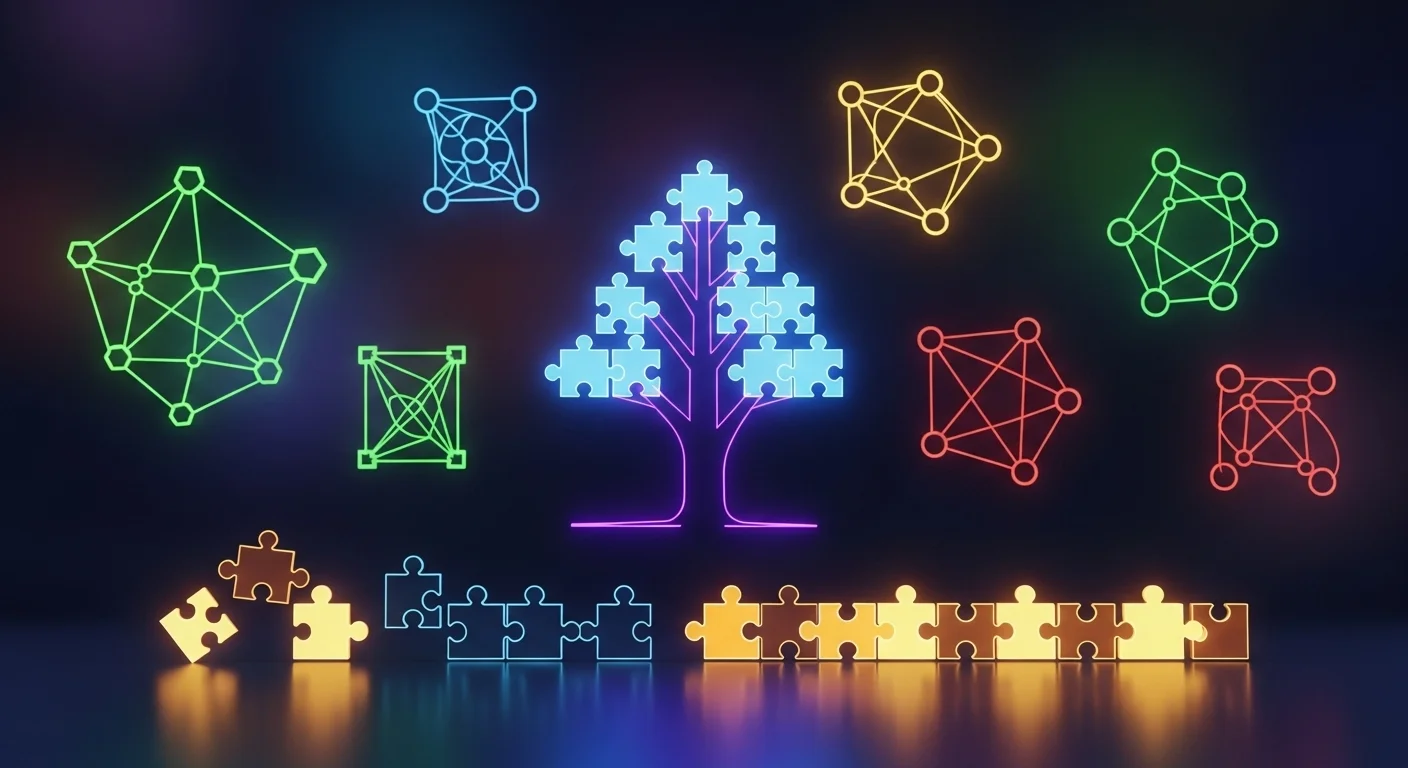Colorful network graphs and puzzle pieces representing algorithms