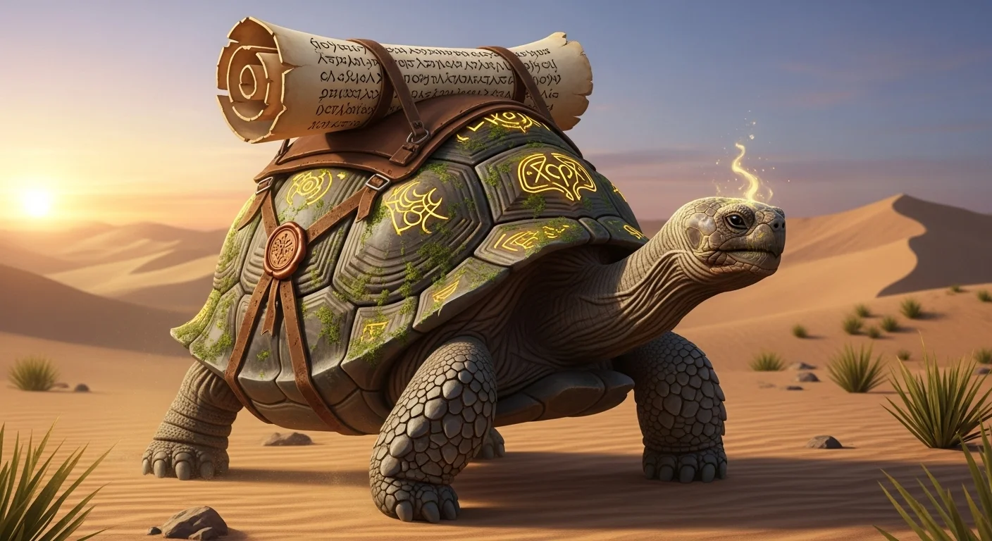Majestic desert tortoise carrying ancient scrolls in sandy desert landscape