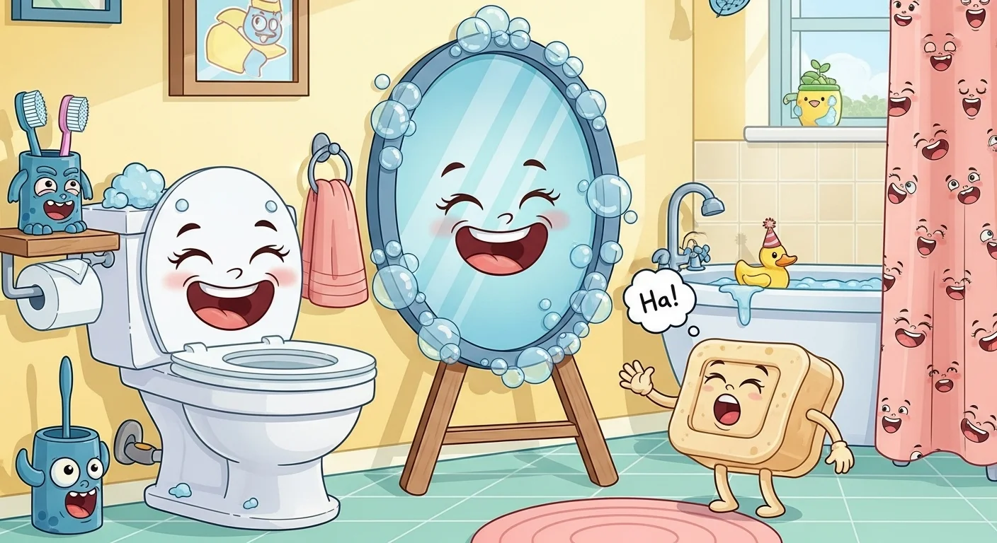 Cheerful cartoon bathroom with talking toilet, mirror, and soap characters
