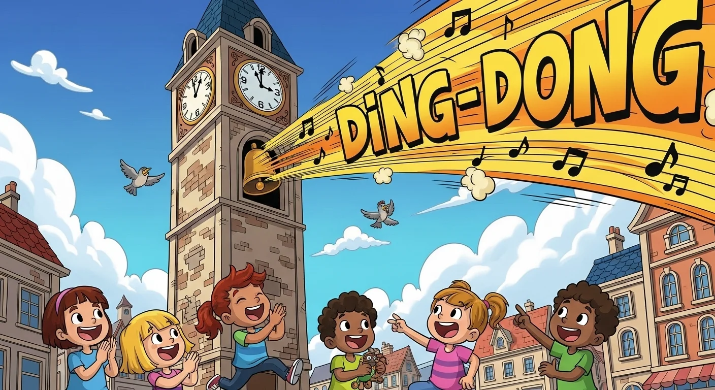 Cartoon town square with clock tower and children solving riddles