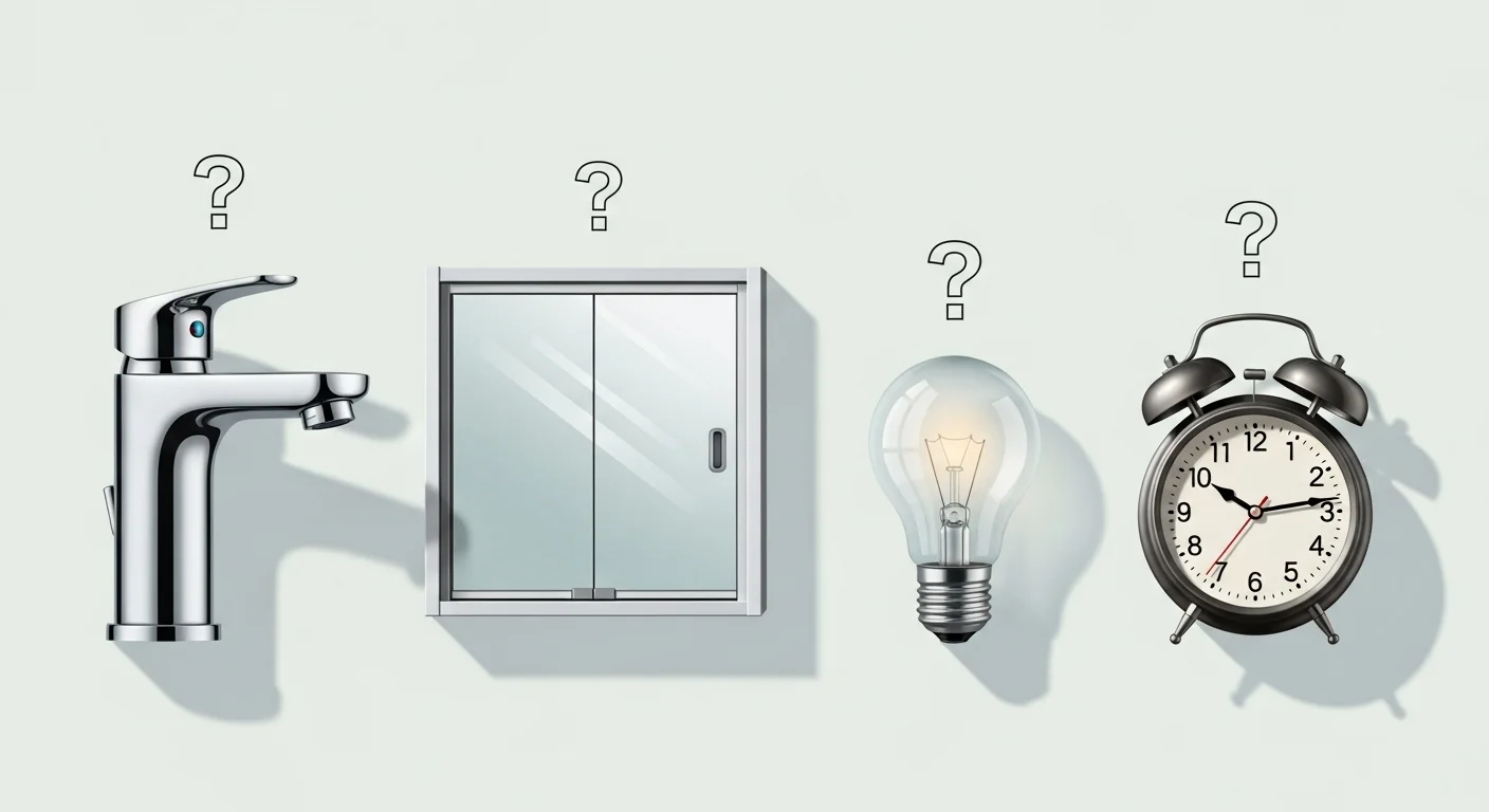 Bathroom faucet, medicine cabinet, lightbulb, and alarm clock with question marks